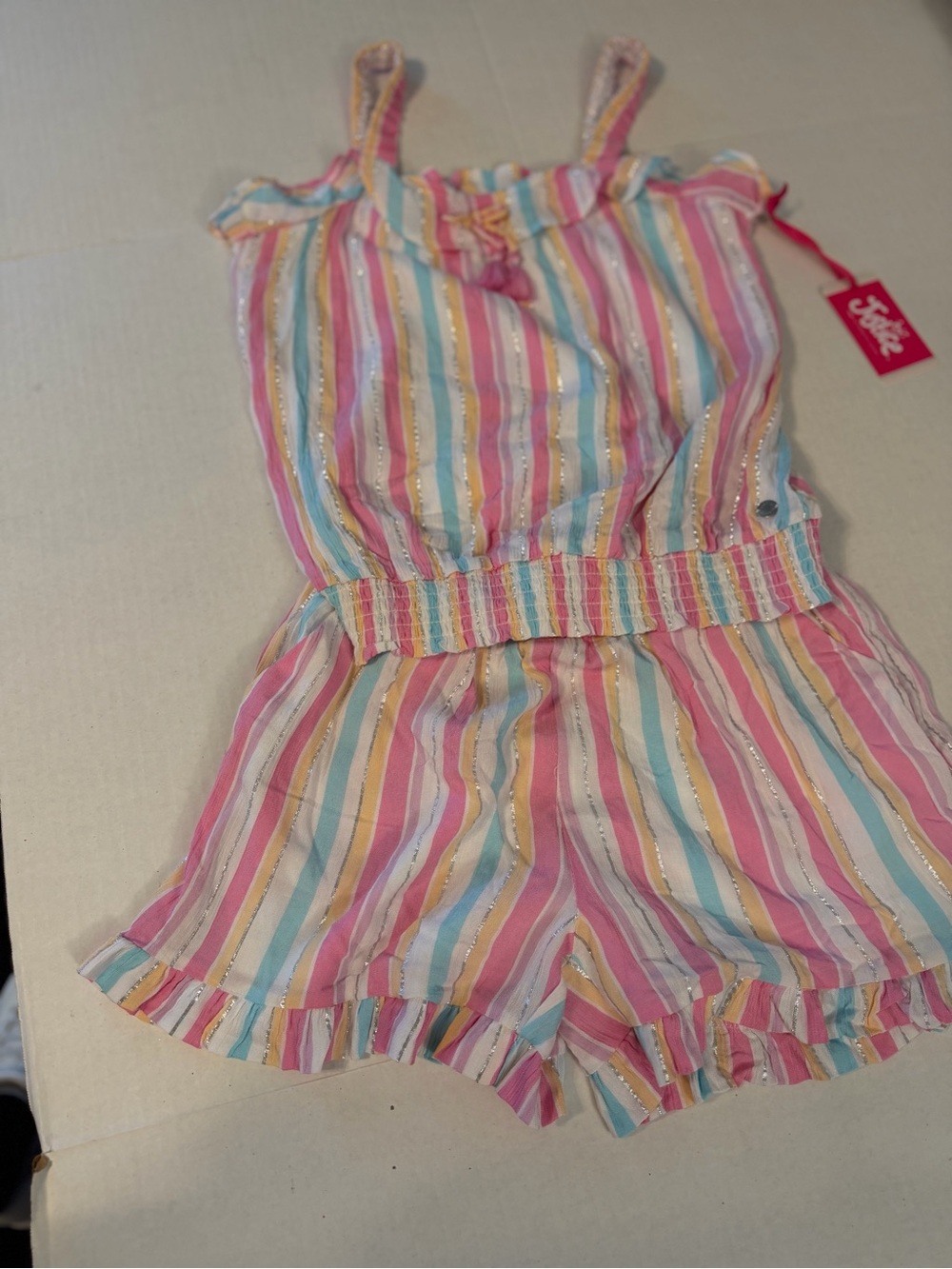 Justice Girls' Pastel Stripe short set with Metallic Thread - Pink, Blue, Yellow